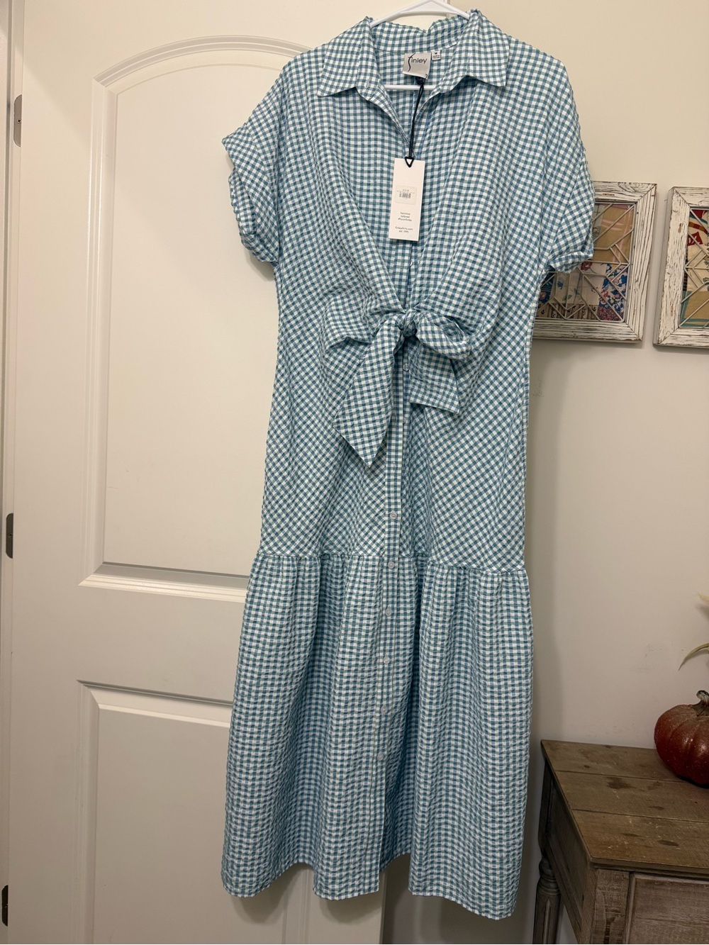 Finley Light Blue Gingham Tie-Front Midi Dress
